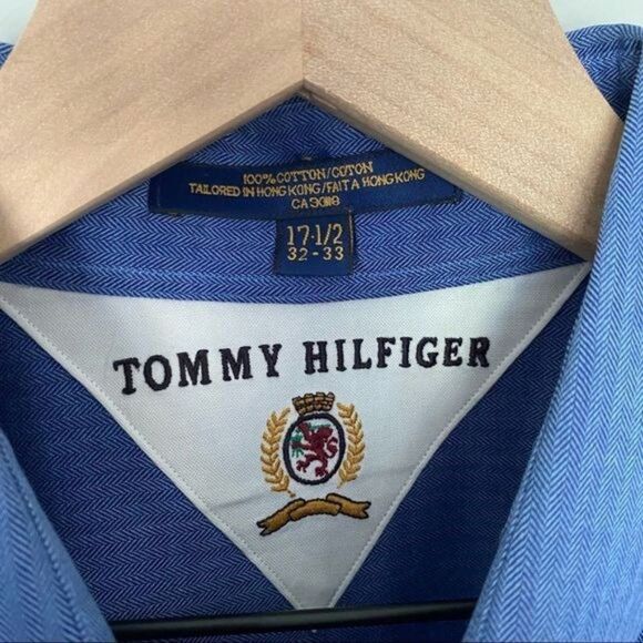 Tommy Hilfiger Size 17 1/2 32-33 Blue Long Sleeve Button Down Cotton Dress Shirt - Picture 3 of 4